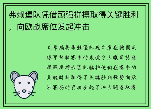 弗赖堡队凭借顽强拼搏取得关键胜利，向欧战席位发起冲击