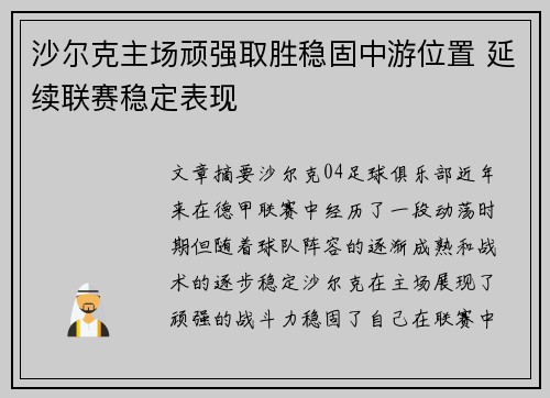 沙尔克主场顽强取胜稳固中游位置 延续联赛稳定表现