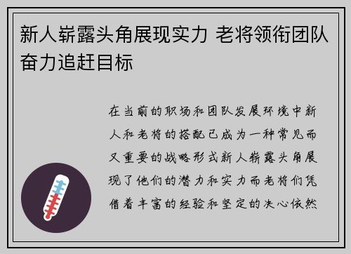 新人崭露头角展现实力 老将领衔团队奋力追赶目标